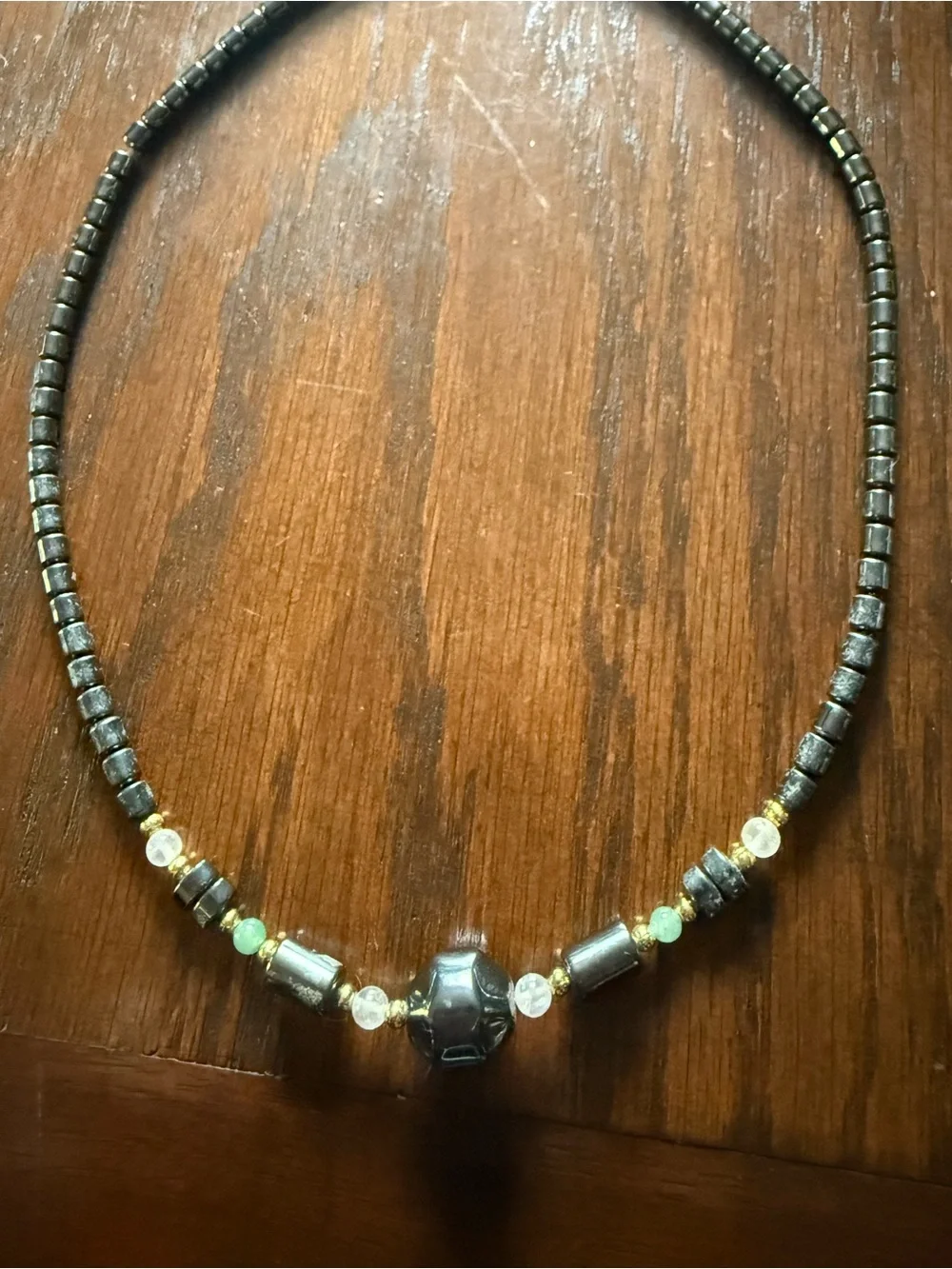 Vintage Black Hematite Bead Necklace with Gold Accents